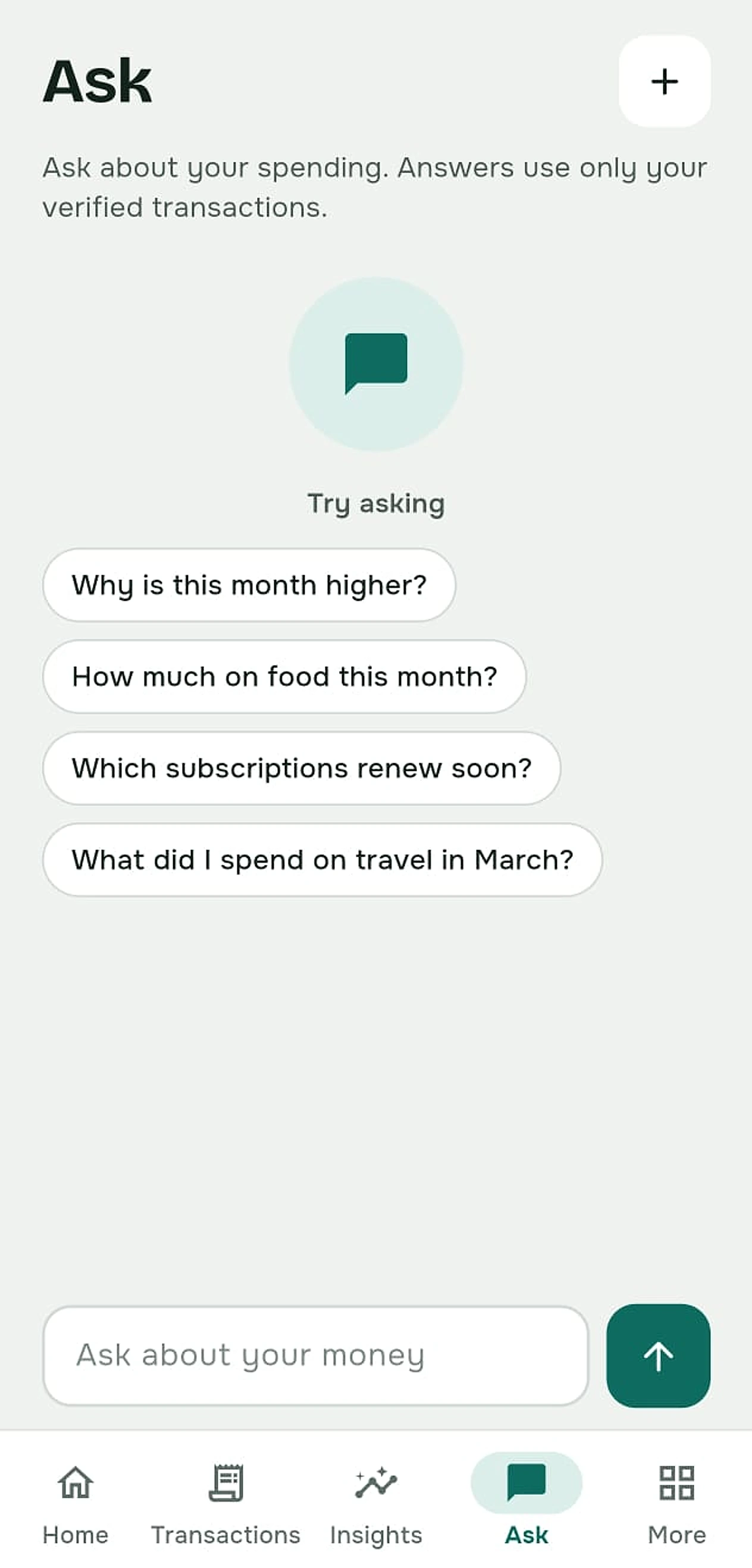 Ask my money chat screen with suggested questions