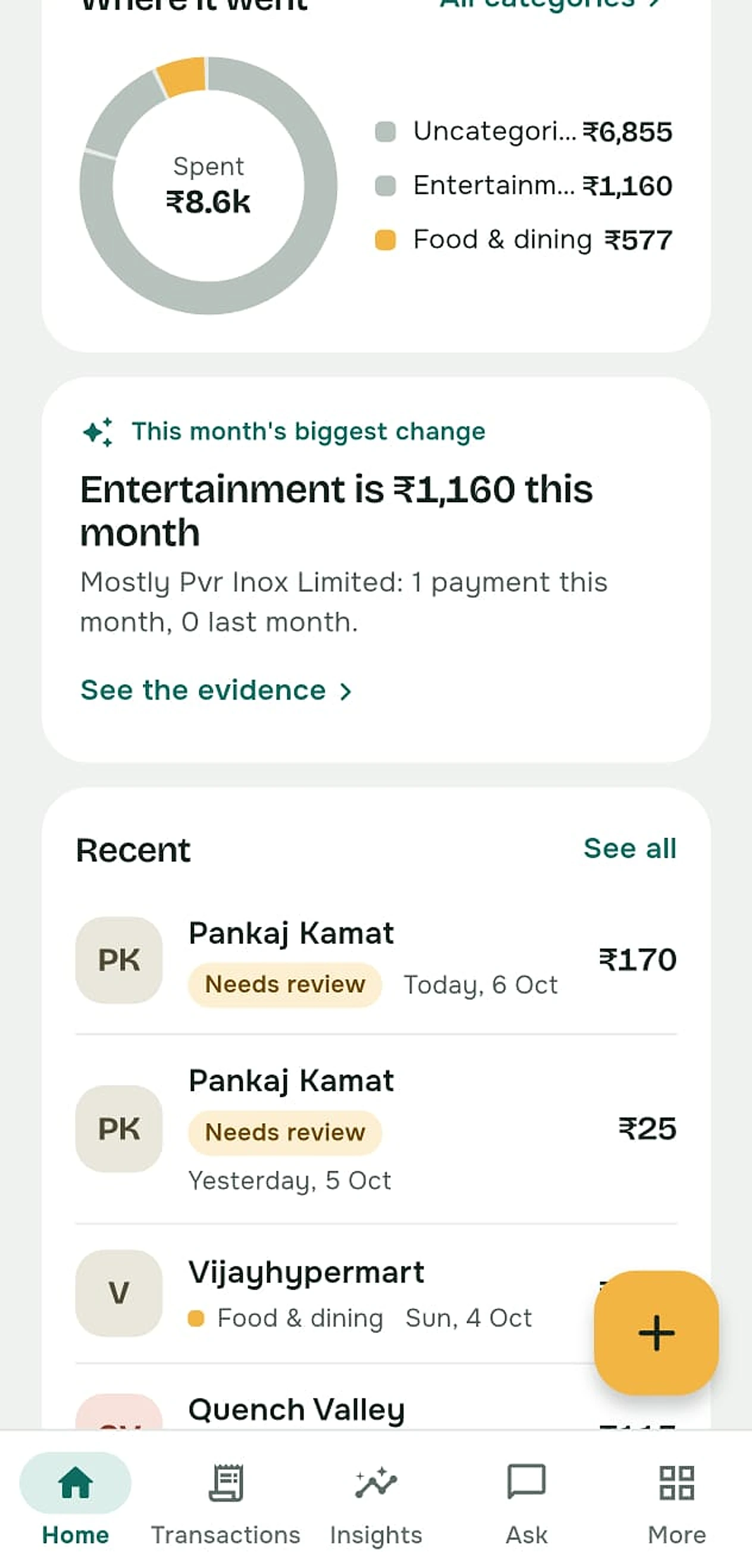 Home screen showing where the money went and recent transactions