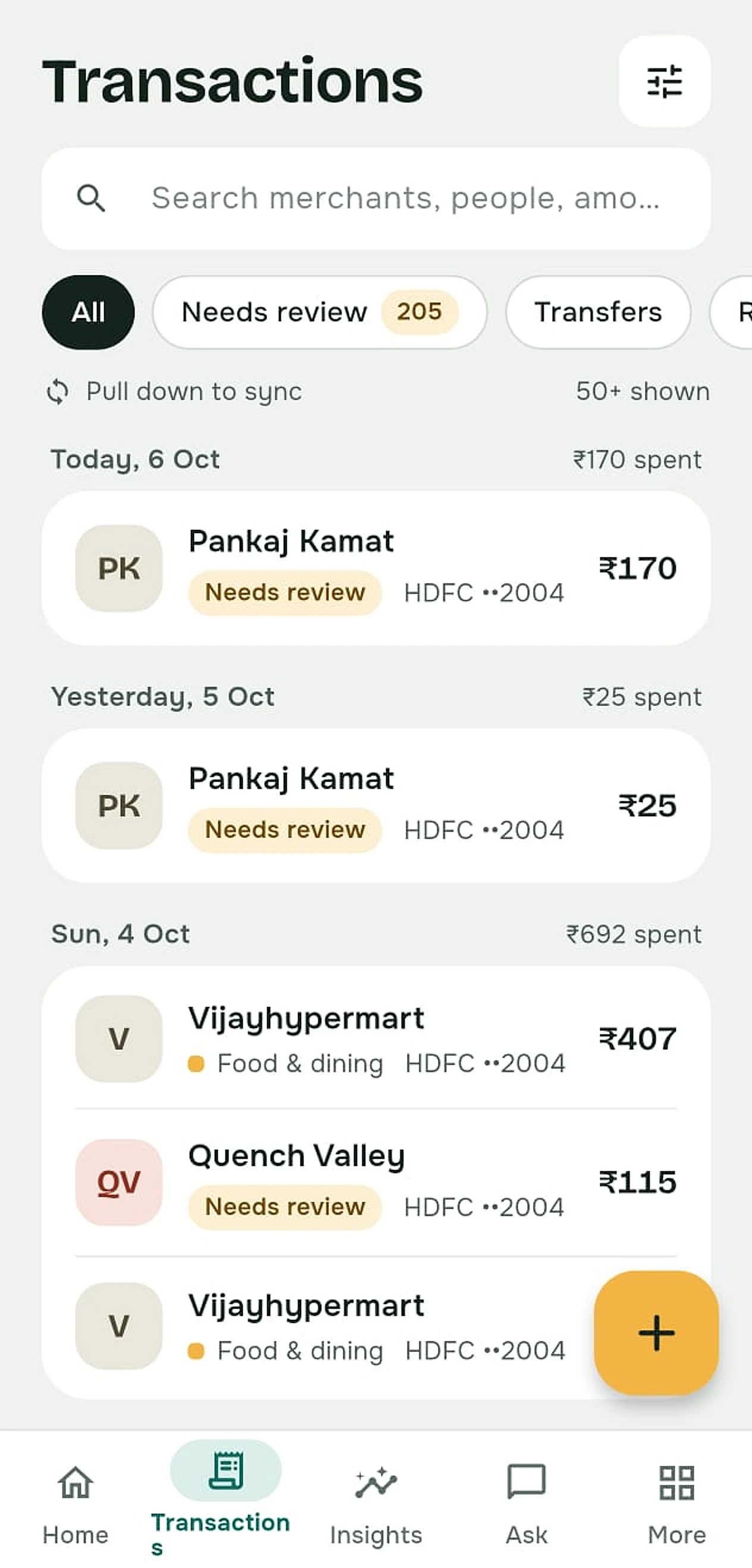 Transactions list grouped by day
